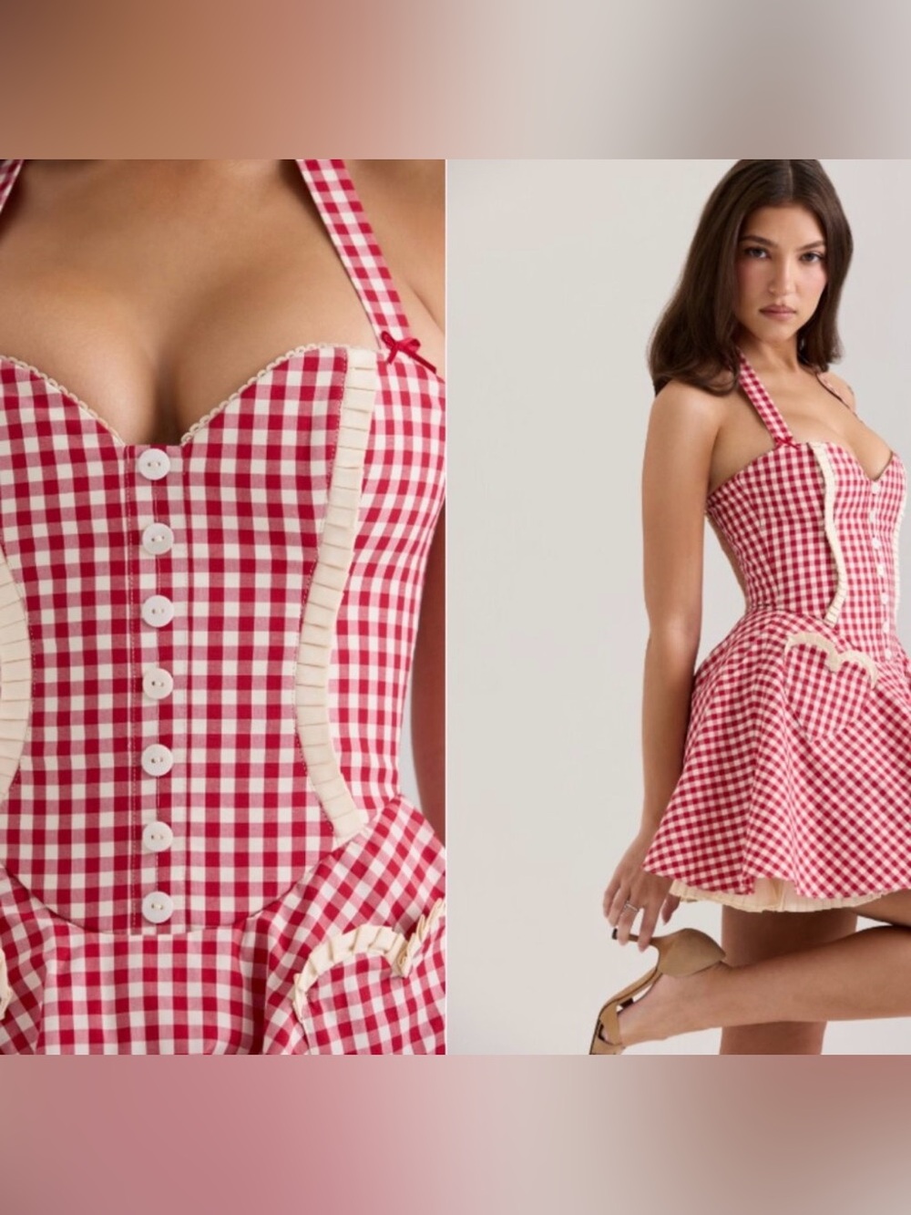 House of CB 'Heidi' Red Gingham Halter Mini Dress size L reg cup size - Picture 3 of 11